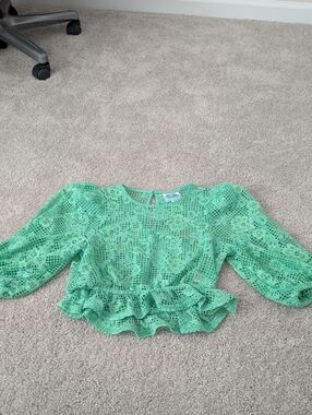 NWOT Future Collective Green Lace Peplum Crop Top Blouse Puff Sleeve XXS